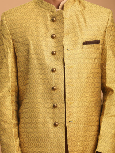 Vastramay Men's Yellow Silk Blend Sherwani With Rose Gold Kurta Pant Set